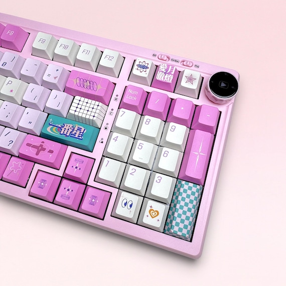 Luna Wave Pink Keycap Set, Cherry Profile, Cute Art
