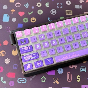 Peut inclure: Un clavier mécanique violet et blanc avec des touches comportant divers symboles et le mot "LOADING".