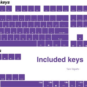 Puede incluir: Diagrama de un dise&ntilde;o de teclado completo de 104 teclas y 30 teclas adicionales, todo en un color p&uacute;rpura vibrante. Las teclas est&aacute;n etiquetadas con letras, n&uacute;meros y s&iacute;mbolos, con el texto "Included keys" y el nombre "Taro Depato" debajo.