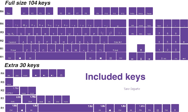 Puede incluir: Diagrama de un dise&ntilde;o de teclado completo de 104 teclas y 30 teclas adicionales, todo en un color p&uacute;rpura vibrante. Las teclas est&aacute;n etiquetadas con letras, n&uacute;meros y s&iacute;mbolos, con el texto "Included keys" y el nombre "Taro Depato" debajo.