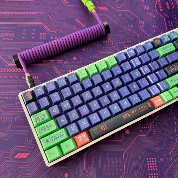 Eva Unit-01 Keycap Set, Cherry Profile, Coiled Cable Option, Artisan Option, PBT, Cherry MX Stem, Dye-Sub Legends