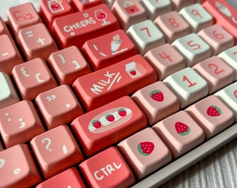 Sweet Strawberry Keycap Set, MDA Profile, PBT, Cherry MX Stem, Dye-Sub Legends, Cute Art