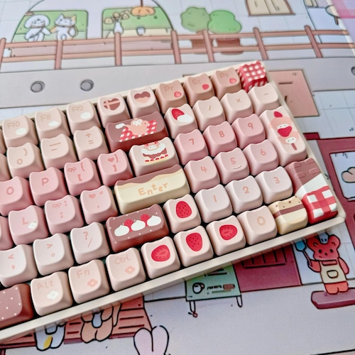 Chocolate Strawberry Keycap Set, MAO Profile, Cute Art, PBT, Cherry MX Stem, Dye-Sub Legends