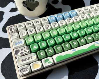 Milk & Meadow Keycap Set, MOA Profile, Cute Art, PBT, Cherry MX Stem, Dye-Sub Legends