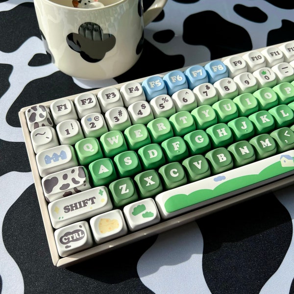 Milk & Meadow Keycap Set, MOA Profile, Cute Art, PBT, Cherry MX Stem, Dye-Sub Legends