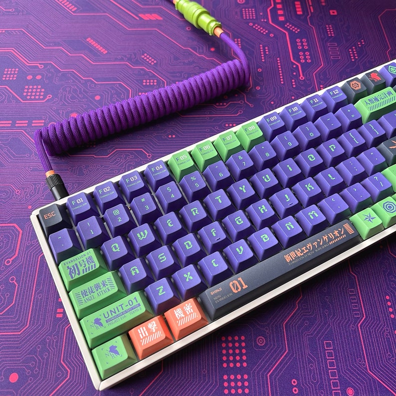 Eva Unit-01 Keycap Set for Mechanical Keyboard, Cherry Profile, Coiled Cable Option, PBT, Cherry MX Stem, Dye-Sub Legends 