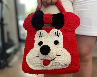 Modello per borsa all'uncinetto di Minnie Mouse: borsa fai da te con fiocco e viso (modello PDF-Video)