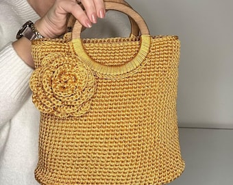 Crochet Floral Handle Bag Pattern: DIY Accessory with Wooden Handles (PDF Download-Video Tutorial )