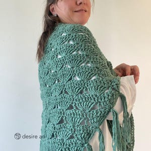 May include: A teal crochet shawl with a scalloped design and fringe. The shawl is draped over a person's shoulders.