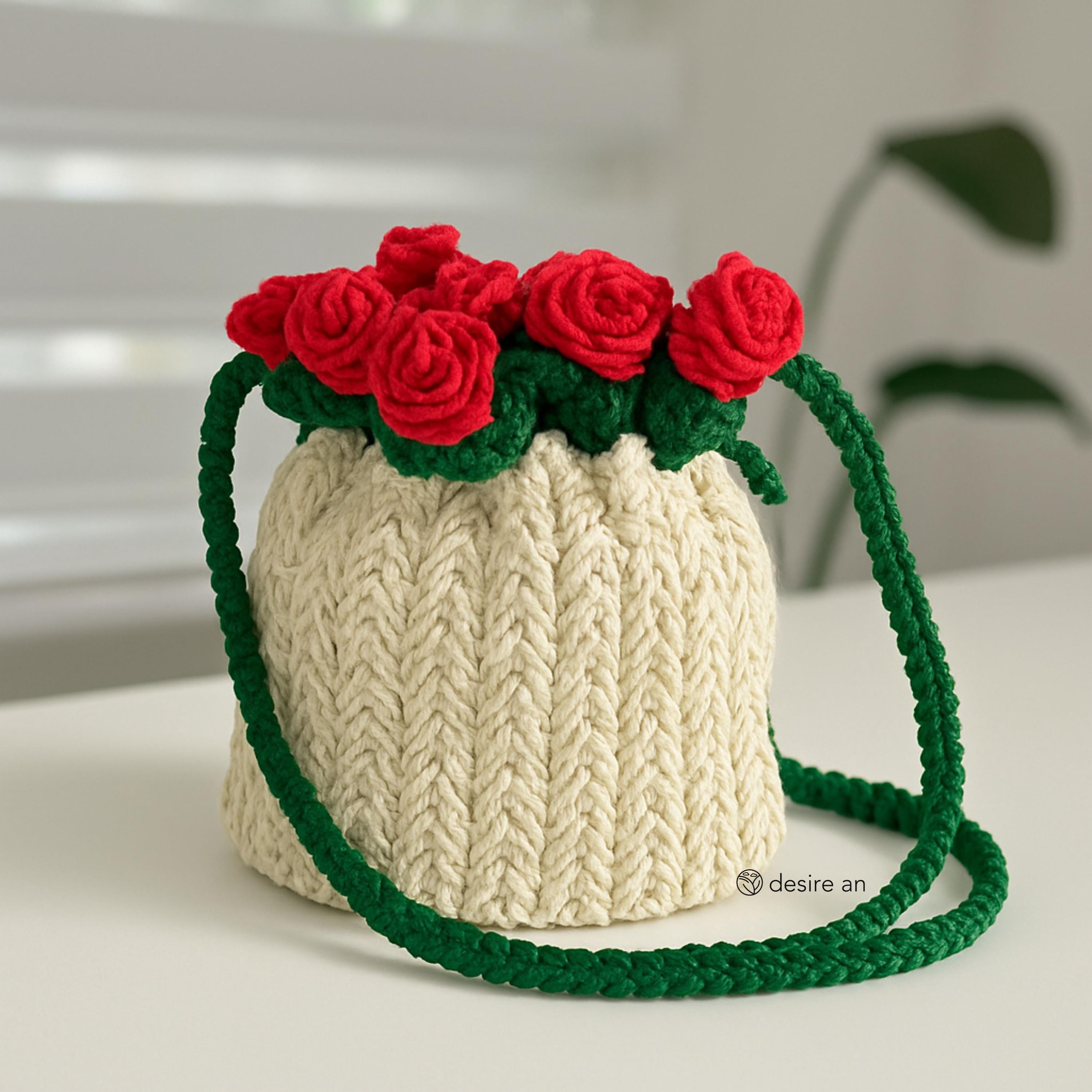 Rose Crochet Bag Pattern: Flower Purse PDF with Video (Drawstring)