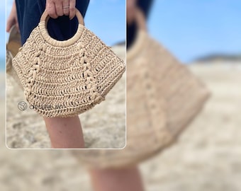 Crochet Boho Bag Pattern: Raffia Summer Bag with Wooden Handle (PDF, Video Tutorial)