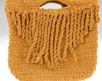 Velvet Crochet Fringe Bag Pattern – Boho Yarn Handbag PDF – DIY Chunky Tote – Handmade Crochet Purse Gift Idea