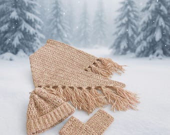 Crochet Pattern Set: Tassel Shawl, Pompom Hat, Mitts & Slippers (PDF Pattern)