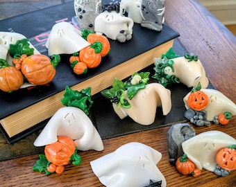 Set of 2 Polymer Clay Ghost Figurines: Witchy Halloween Decor