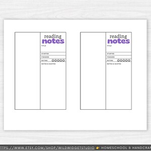 Op de afbeelding: Een printbaar vel met twee identieke sjablonen voor leesnotities. Elk sjabloon bevat de paarse tekst reading notes, velden voor titel, gestart, voltooid, een beoordeling met vijf sterren en een groot leeg gedeelte voor notities en citaten.