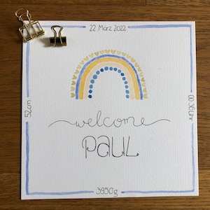 Karte zur Geburt, Willkommen Baby, Babygrußkarte, Regenbogen, Aquarellkarte, Geburtskarte mit Name, Baby Größe Gewicht, kein Druck