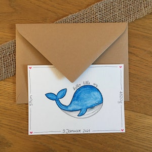 Karte zur Geburt, Hello little one, Babygrußkarte Wal, Aquarellkarte, Geburtskarte personalisiert, Karte zur Geburt Name, kein Druck