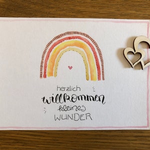 Karte zur Geburt, Herzlich Willkommen kleines Wunder, Babygrußkarte, Regenbogen, Mädchen, Junge, Aquarellkarte, kein Druck