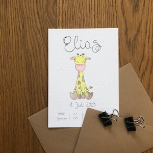 Karte zur Geburt,Babygrußkarte,Giraffe,Aquarellkarte,personalisierte Geburtskarte,Gratulationskarte Baby, Baby Gewicht Größe, kein Druck