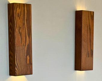 Set of 2 Walnut Wooden Wall Sconce Lamp, Battery Operated LED Light, Rustic Wood Brass Sconce for Bedroom, Living Room, New Year Sale