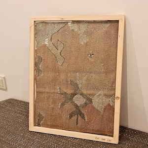 100 Years Old Oushak Carpet, Wool Turkish Tribal Rug, Fragment Wooden Framed, Unique Turkish Rug Framed, Boho home decor, Housewarming gift