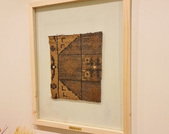 Vintage Decorative fragment with  Ethnic Old Rug, Unique Turkish rug framed, Boho wall decor idea, Housewarming gift , Wooden wall tapestry