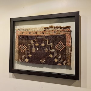 Dark brown aesthetic rug wall decor, Ethnic motif fabric textile woven wall art, Black framed farmhouse turkish kilim rug, BIG SUMMER SALE