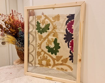 Floral Suzani Wall Hanging Art in Frame, Unique Turkish rug framed, Boho wall decor idea, Housewarming gift idea, Wooden wall tapestry