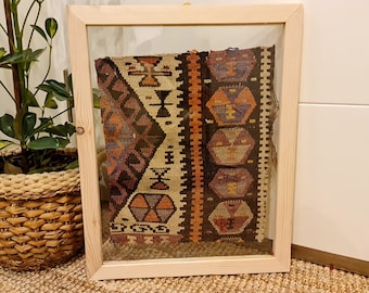 Ethnic Wall Tapestry Crochet Pattern, Framed Kilim Rug on Wall, Boho Wall decor idea, Unique Turkish Rug Framed, Housewarming gift idea