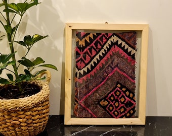 Framed Wall Art Vintage, Tribal Textile Wall Art Framed, Boho Wall decor idea, Unique Turkish Rug Framed, Housewarming gift idea