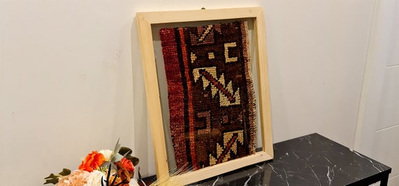 Framed Rug Remnants, Tribal Geometric Woven Wall Textile, Antique Rug Hanging Art, Unique Turkish rug framed, Boho wall decor idea
