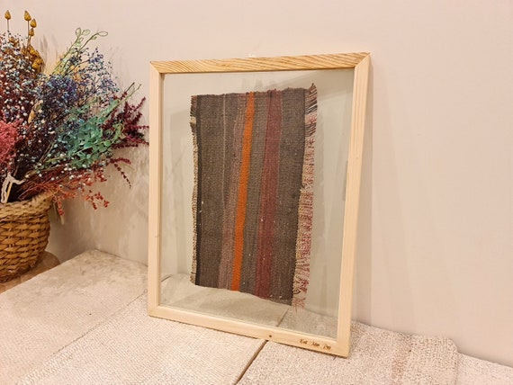 Striped Woven Wall Art, Vintage Framed Fabric, Unique Turkish Rug