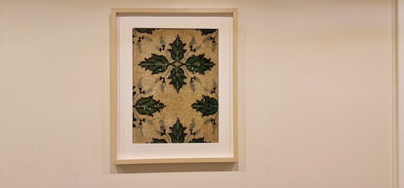 Green Leaves On Vintage Turkish Rug, Hand Woven Wall Hanging, Framed Art Tapestry