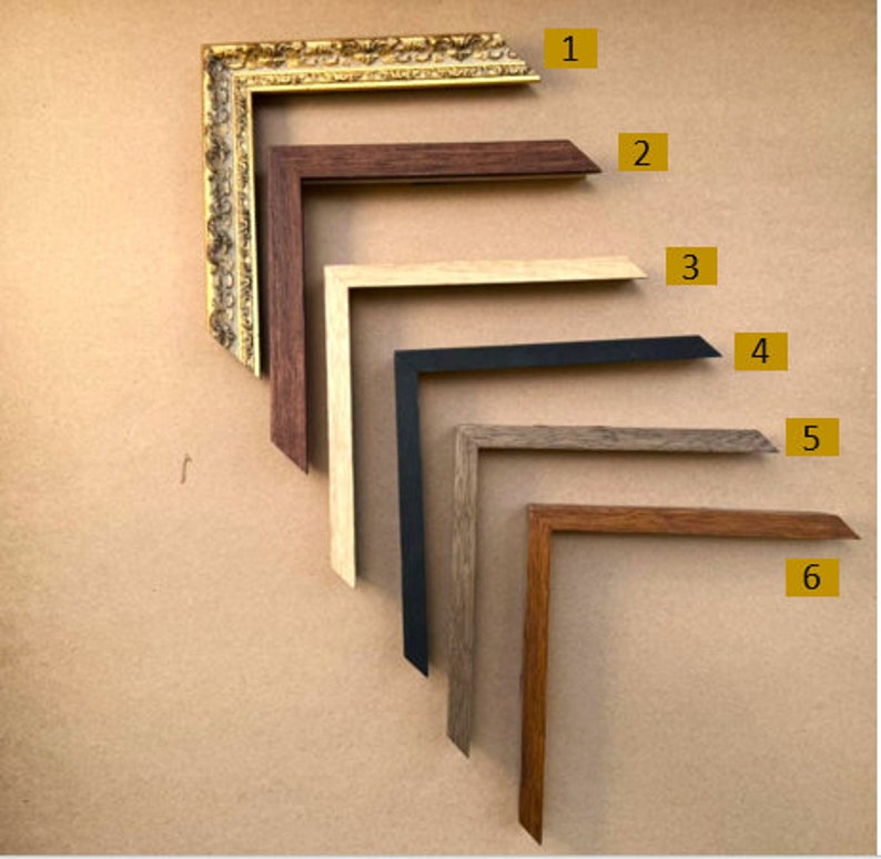 May include: Six different picture frame samples, arranged in a row from top to bottom. The frames are made of wood and have different finishes, including gold, brown, beige, black, grey, and reddish brown.
