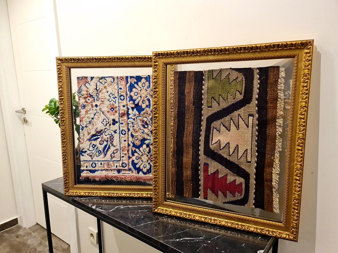 Vintage Ethnic Geometric Pattern Wall Kilim Rug Framed Art, Unique