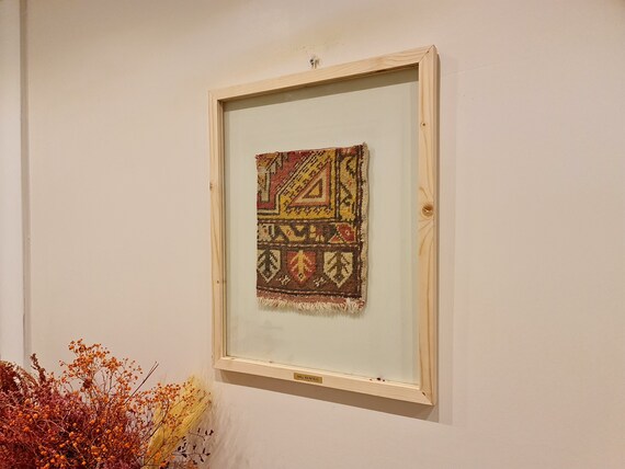 Hand Knit Oushak Rug Wall Framed Art Tapestry, Unique Turkish rug framed, Boho wall decor idea, Housewarming gift idea, Wooden wall tapestry