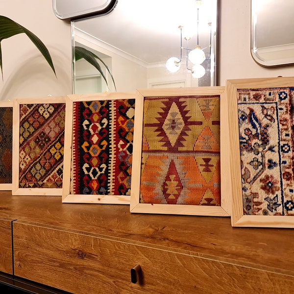 Ethnic pattern fabric textile framed wall art, Vintage kilim living rooms wall hanging decor, Anatolian kilim motif framed wall design