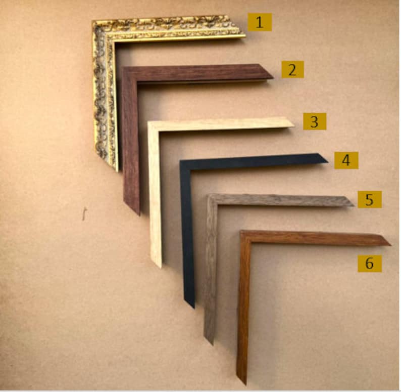 May include: Six different picture frame samples, arranged in a row from top to bottom. The frames are made of wood and have different finishes, including gold, brown, beige, black, gray, and reddish brown.