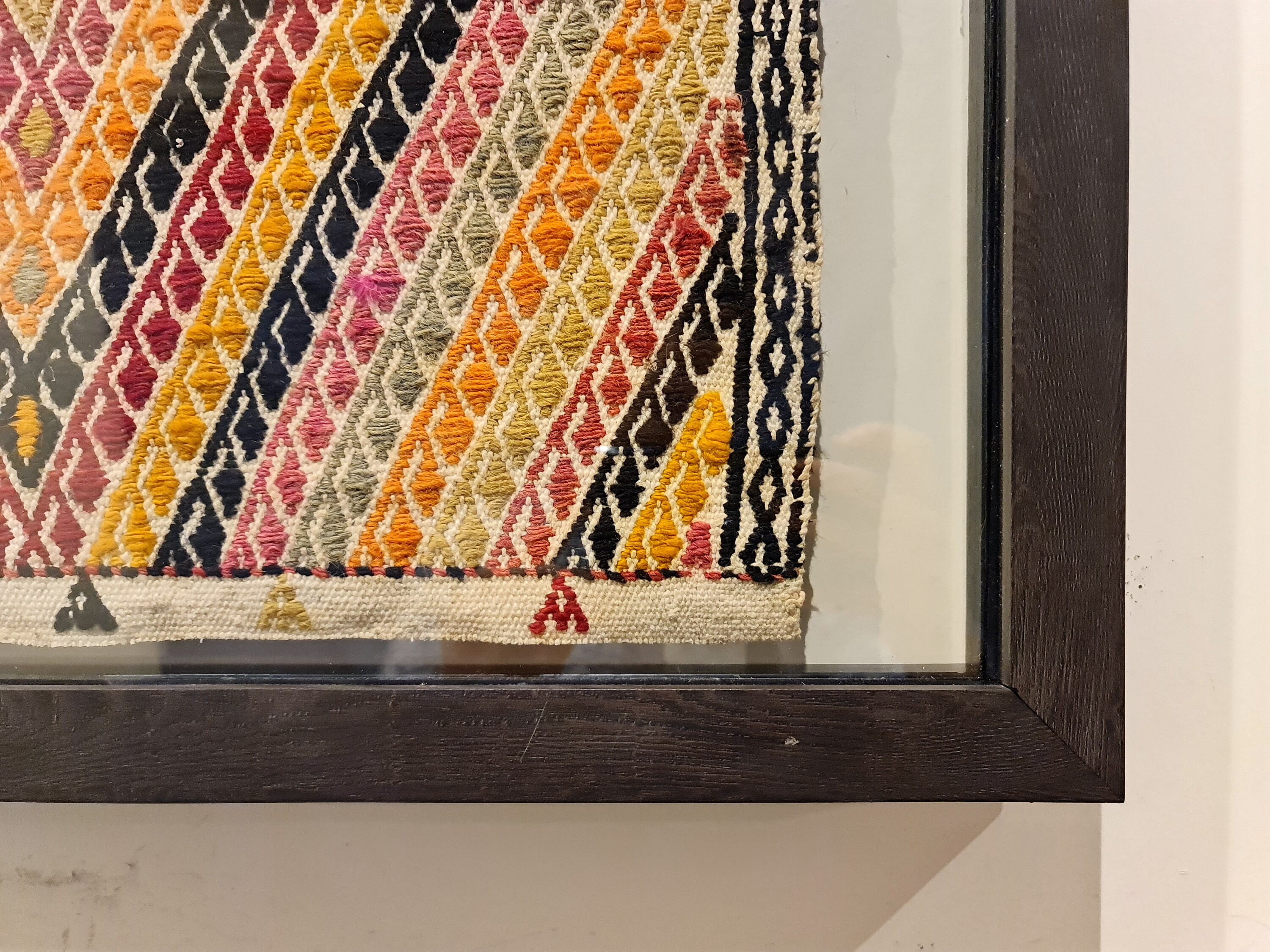 Black Wooden Framed Turkish Vintage Geometric Rug Fragment