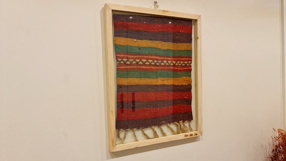 Striped Soutwest Ethnic Motif Wall Hanging Rug Fragment, Unique Turkish Rug Framed art, Boho wall decor for home, Housewarming gift idea