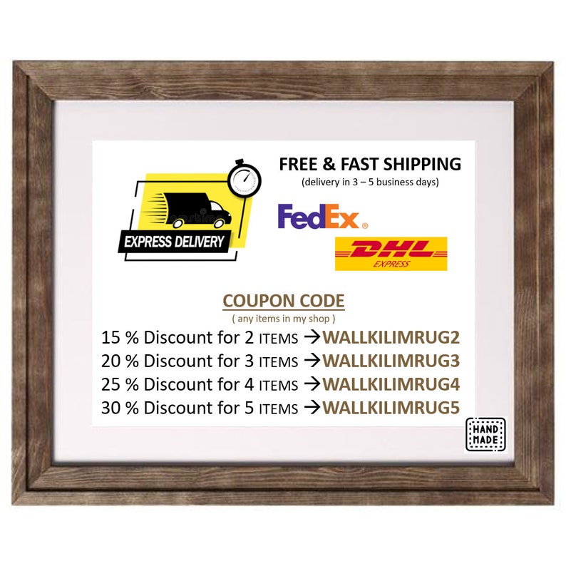 Puede incluir: Una imagen enmarcada con un c&oacute;digo de cup&oacute;n para descuentos en compras de 2 a 5 art&iacute;culos. El c&oacute;digo de cup&oacute;n es WALLKILIMRUG2 para 2 art&iacute;culos, WALLKILIMRUG3 para 3 art&iacute;culos, WALLKILIMRUG4 para 4 art&iacute;culos y WALLKILIMRUG5 para 5 art&iacute;culos. La imagen tambi&eacute;n incluye logotipos de FedEx y DHL.