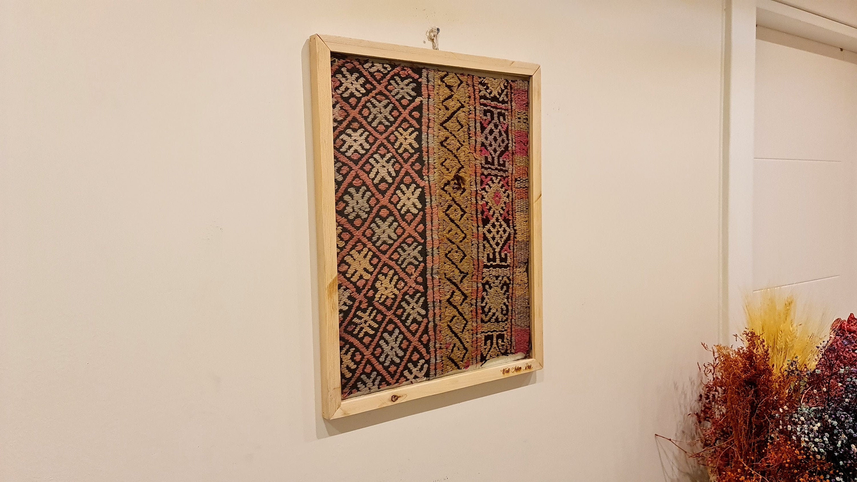 Vintage Turkish Ethnic Fabric by the Yard, Framed Textile Art, Boho Wall decor idea, Unique Turkish Rug Framed, Housewarming gift idea