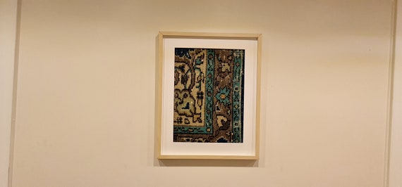 Minimalist Wall Art Framed, Turquoise Wall Hanging with Turkish Oushak Rug
