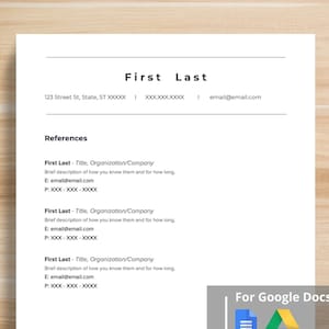 以下が含まれることがあります： 「参考文献」という見出しと、名前、肩書き、組織、メールアドレス、電話番号が記載された3つの参考文献のリストを含む履歴書テンプレートです。