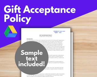 GIFT ACCEPTANCE POLICY Template - Nonprofit Template, Donor Acknowledgement Letter, Tax Receipt, Google Docs, Gift Acceptance Guideline