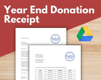 Plantilla de RECIBO DE FIN DE AÑO - Plantilla sin fines de lucro, carta de reconocimiento de donante, recibo de impuestos, Google Docs, declaración de fin de año, donación