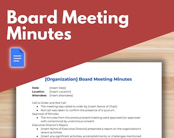 BOARD MEETING MINUTES Template - Board of Directors, Nonprofit Template, Google Docs, Board Minutes, Board Agenda