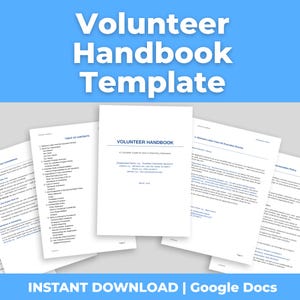 Op de afbeelding: Een sjabloon voor een vrijwilligershandboek in blauw en wit. De titel "Volunteer Handbook Template" staat in grote witte letters op een blauwe achtergrond. Er zijn verschillende pagina's zichtbaar, waaronder een inhoudsopgave en een welkomstbrief.