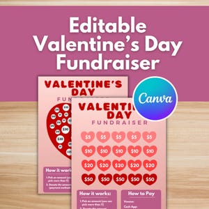Könnte beinhalten: Eine rosa-lila Vorlage für eine Valentinstags-Spendenaktion mit dem Text "Editable Valentine's Day Fundraiser". Das Design umfasst herzförmige Spendentabellen mit Beträgen von 5 bis 50 Euro und das Canva-Logo.