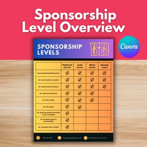 スポンサーシップ レベルの概要テンプレート - Canva テンプレート、編集可能、企業スポンサー、募金イベント、スポンサーシップ レベル、ビジネス スポンサー